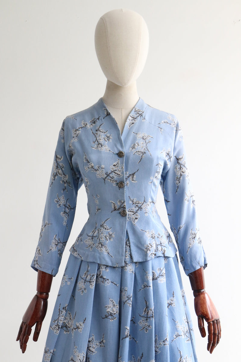 "Delphinium Blue Blossoms" Vintage 1950's Delphinium Blue Floral Skirt & Jacket Set UK 6 US 2
