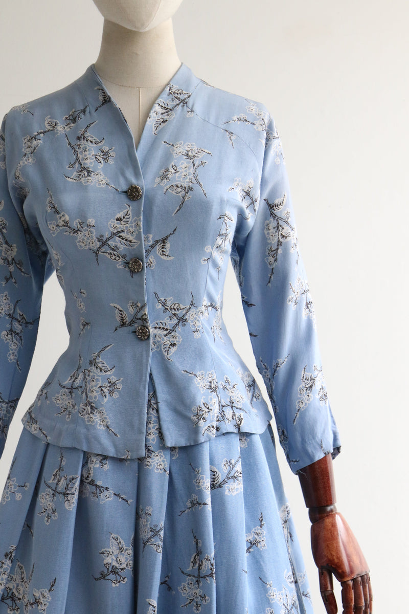 "Delphinium Blue Blossoms" Vintage 1950's Delphinium Blue Floral Skirt & Jacket Set UK 6 US 2
