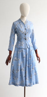 "Delphinium Blue Blossoms" Vintage 1950's Delphinium Blue Floral Skirt & Jacket Set UK 6 US 2