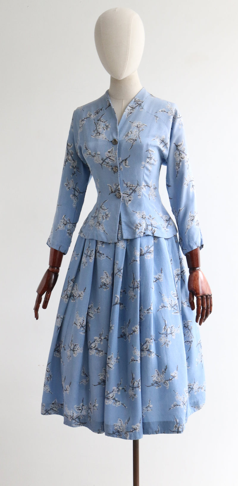 "Delphinium Blue Blossoms" Vintage 1950's Delphinium Blue Floral Skirt & Jacket Set UK 6 US 2