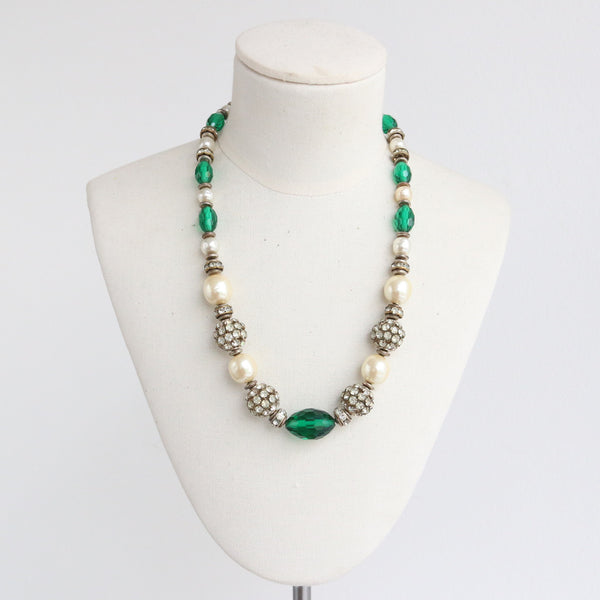 "Emerald Miriam Haskell" Vintage 1950's Emerald & Rhinestone Beaded Miriam Haskell Necklace