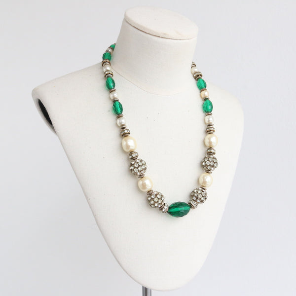 "Emerald Miriam Haskell" Vintage 1950's Emerald & Rhinestone Beaded Miriam Haskell Necklace