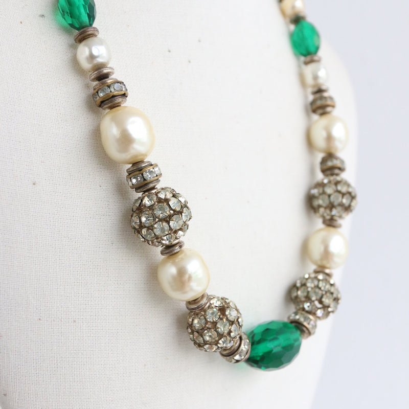"Emerald Miriam Haskell" Vintage 1950's Emerald & Rhinestone Beaded Miriam Haskell Necklace