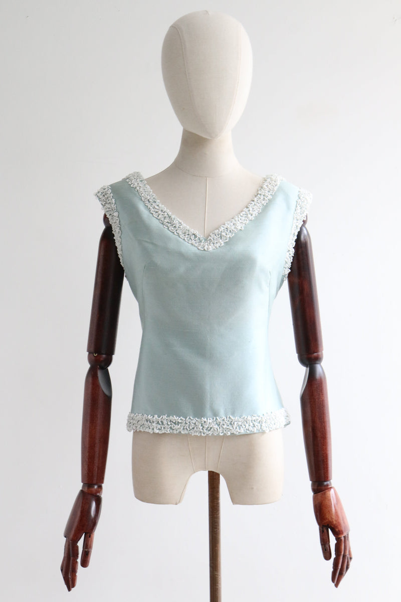 "Ice Blue Silk & Beadwork" Vintage 1960's Silk Beaded Blouse UK 14 US 10