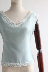 "Ice Blue Silk & Beadwork" Vintage 1960's Silk Beaded Blouse UK 14 US 10