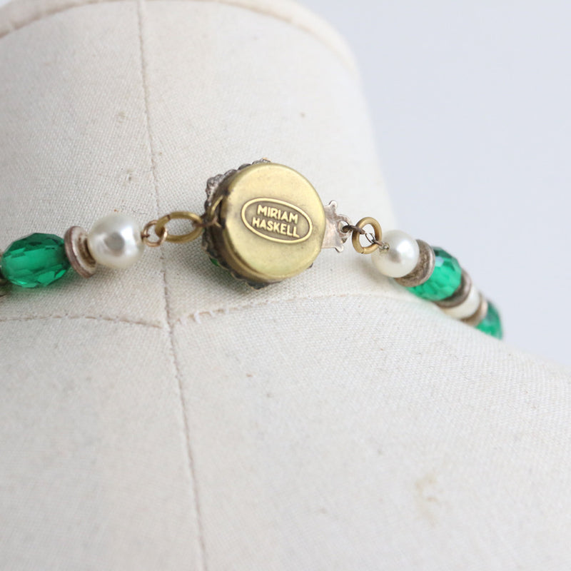 "Emerald Miriam Haskell" Vintage 1950's Emerald & Rhinestone Beaded Miriam Haskell Necklace