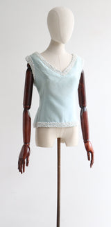 "Ice Blue Silk & Beadwork" Vintage 1960's Silk Beaded Blouse UK 14 US 10