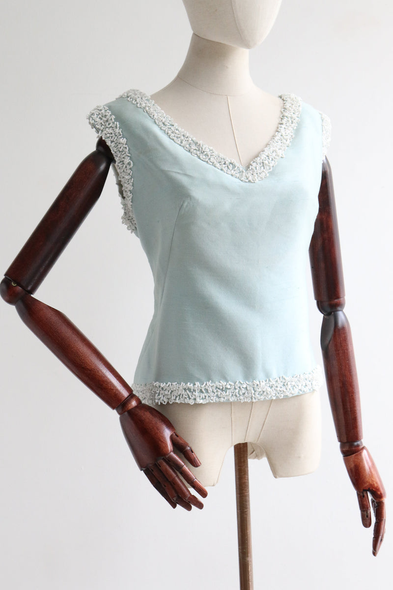 "Ice Blue Silk & Beadwork" Vintage 1960's Silk Beaded Blouse UK 14 US 10