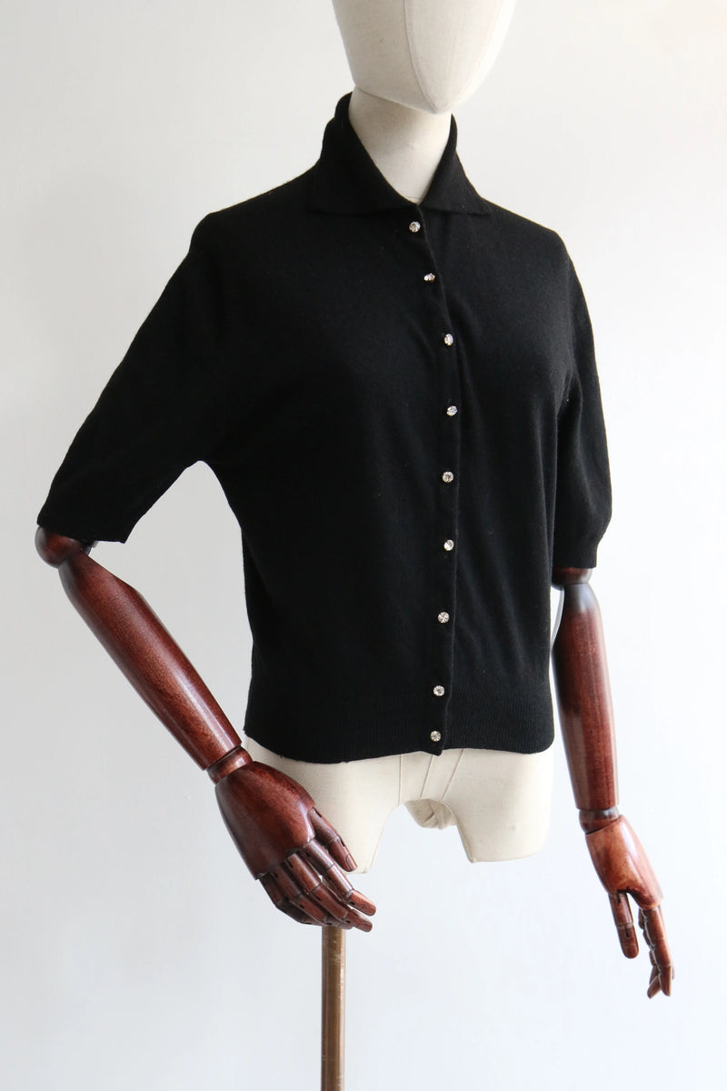 "Cashmere & Rhinestones" Vintage 1950's Black Cashmere & Rhinestone Cardigan UK 10-12 US 6-8