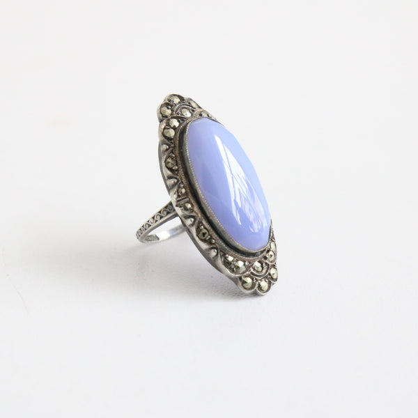 "Silver Marcasite" Vintage 1930's Marcasite & Powder Blue Glass Silver Ring UK H.5 US 4