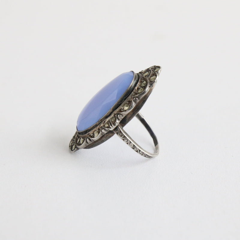 "Silver Marcasite" Vintage 1930's Marcasite & Powder Blue Glass Silver Ring UK H.5 US 4