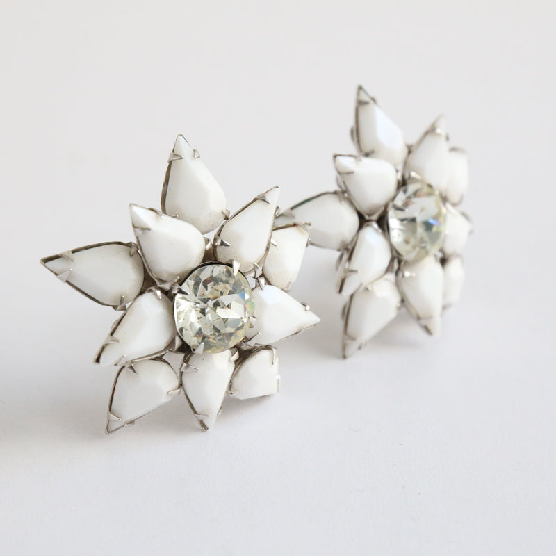 "Milk Glass Stars" Vintage 1950's Milk Glass & Star Rhinestone Clip on Earrings