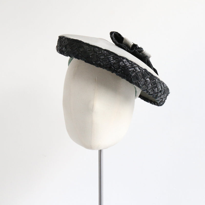 "Dove Blue & Woven Florals" Vintage 1940's Dove Blue & Black Floral Hat