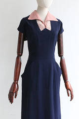 "Raised Soutache" Vintage 1950's Navy & Pink Dress & Coat Set UK 10 US 6