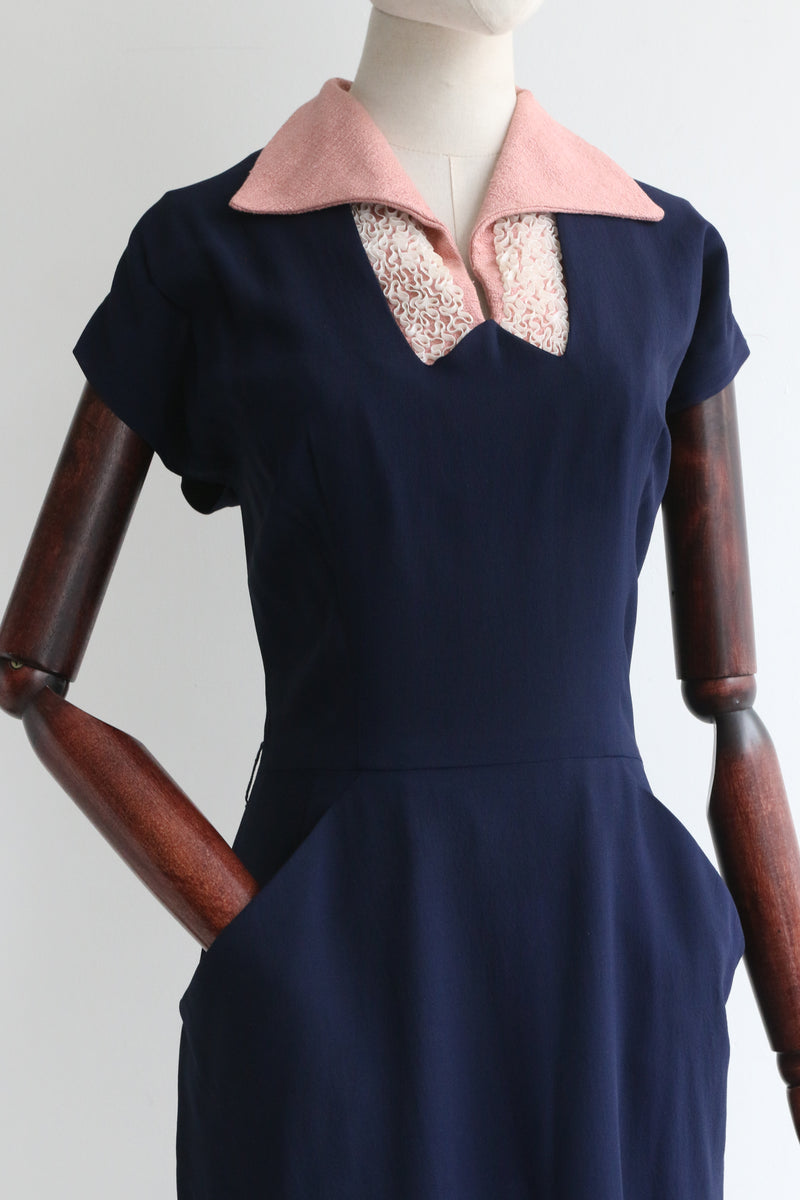 "Raised Soutache" Vintage 1950's Navy & Pink Dress & Coat Set UK 10 US 6