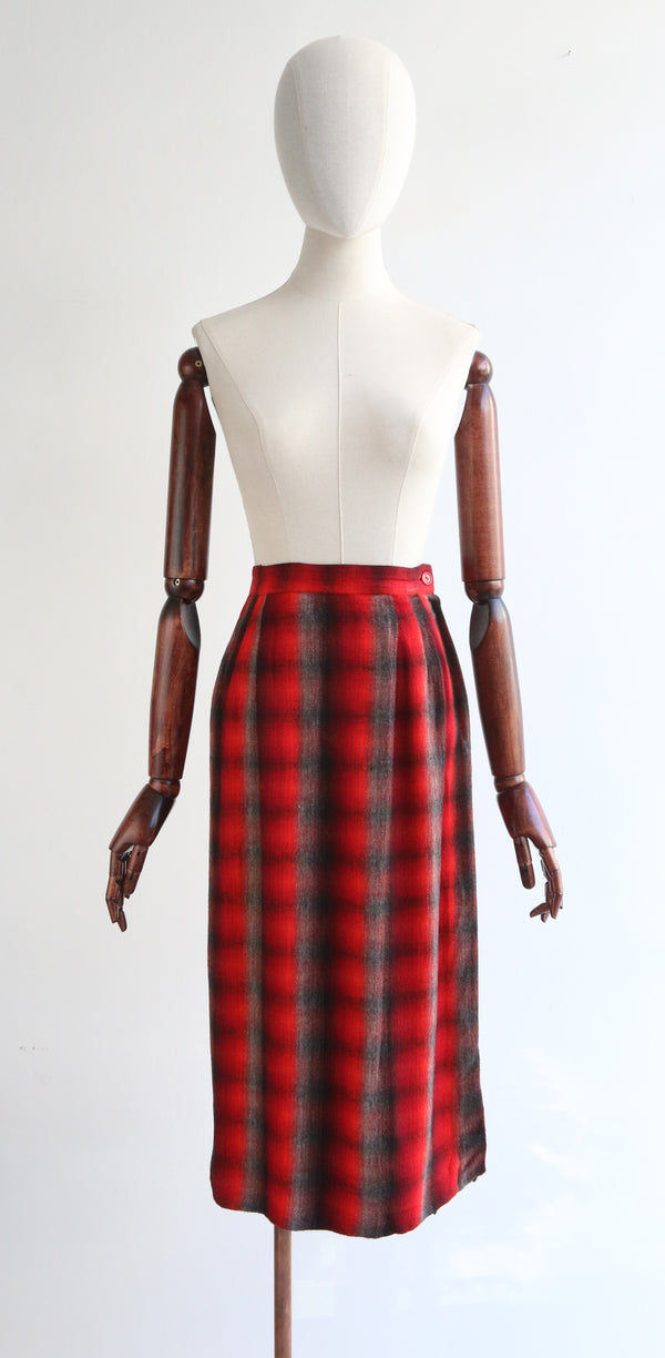 "Red Tartan" Vintage 1950's Red Tartan Cashmere Mix Skirt UK 6 US 2
