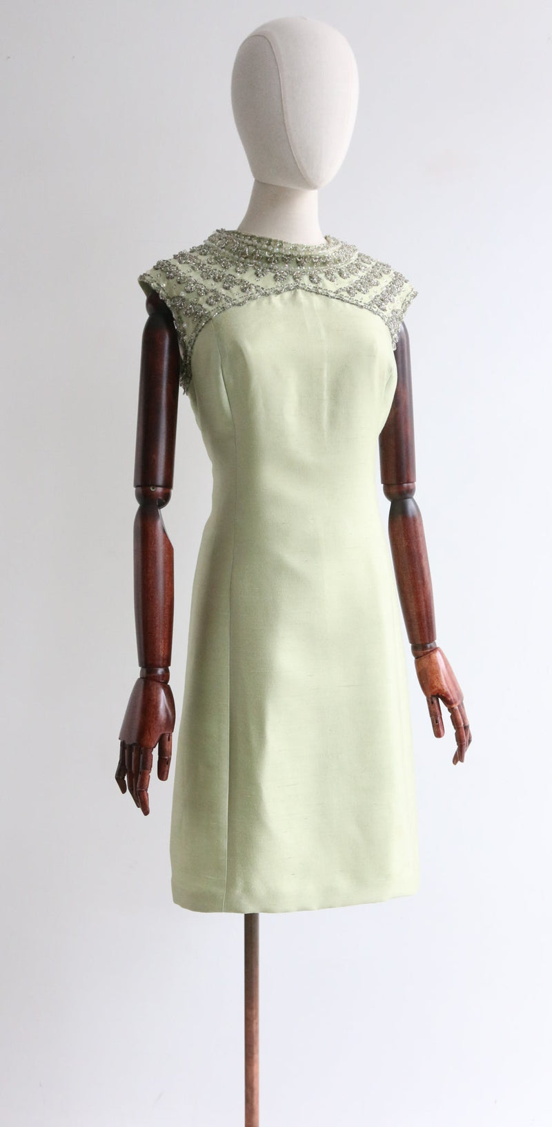 "Sage Green Silk & Silver Beadwork" Vintage 1960's Sage Green Silk Dress UK 12 US 8