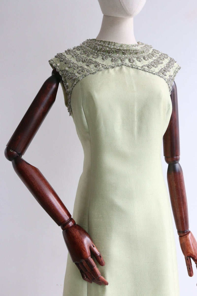 "Sage Green Silk & Silver Beadwork" Vintage 1960's Sage Green Silk Dress UK 12 US 8