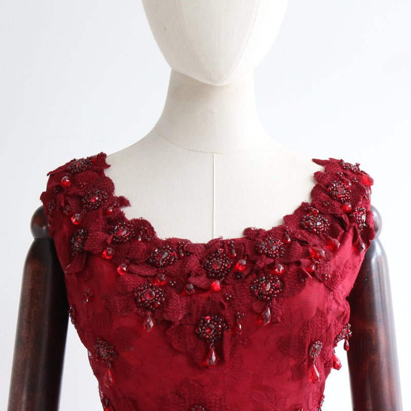 "Crimson Lace & Beadwork" Vintage 1960's Crimson Lace Beaded Dress UK 14 US 10