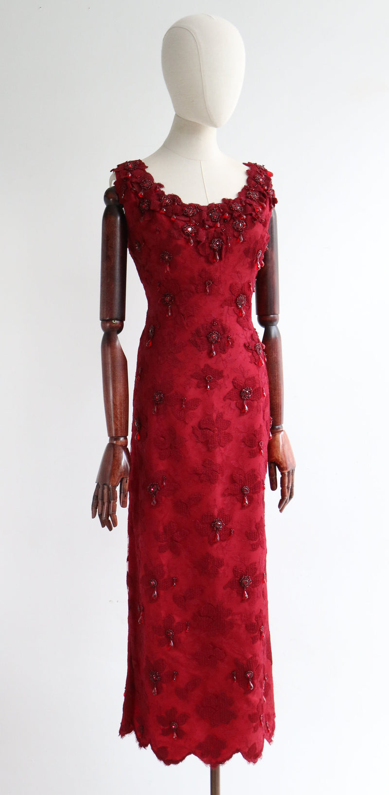 "Crimson Lace & Beadwork" Vintage 1960's Crimson Lace Beaded Dress UK 14 US 10