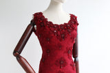 "Crimson Lace & Beadwork" Vintage 1960's Crimson Lace Beaded Dress UK 14 US 10