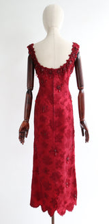 "Crimson Lace & Beadwork" Vintage 1960's Crimson Lace Beaded Dress UK 14 US 10