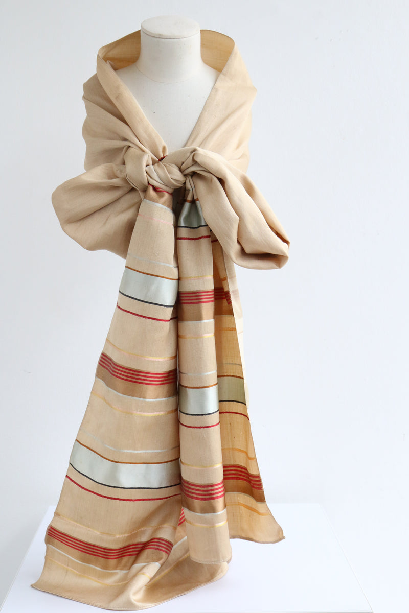 "Boulevard De Soies" Vintage 1920's Cream Silk Striped Shawl