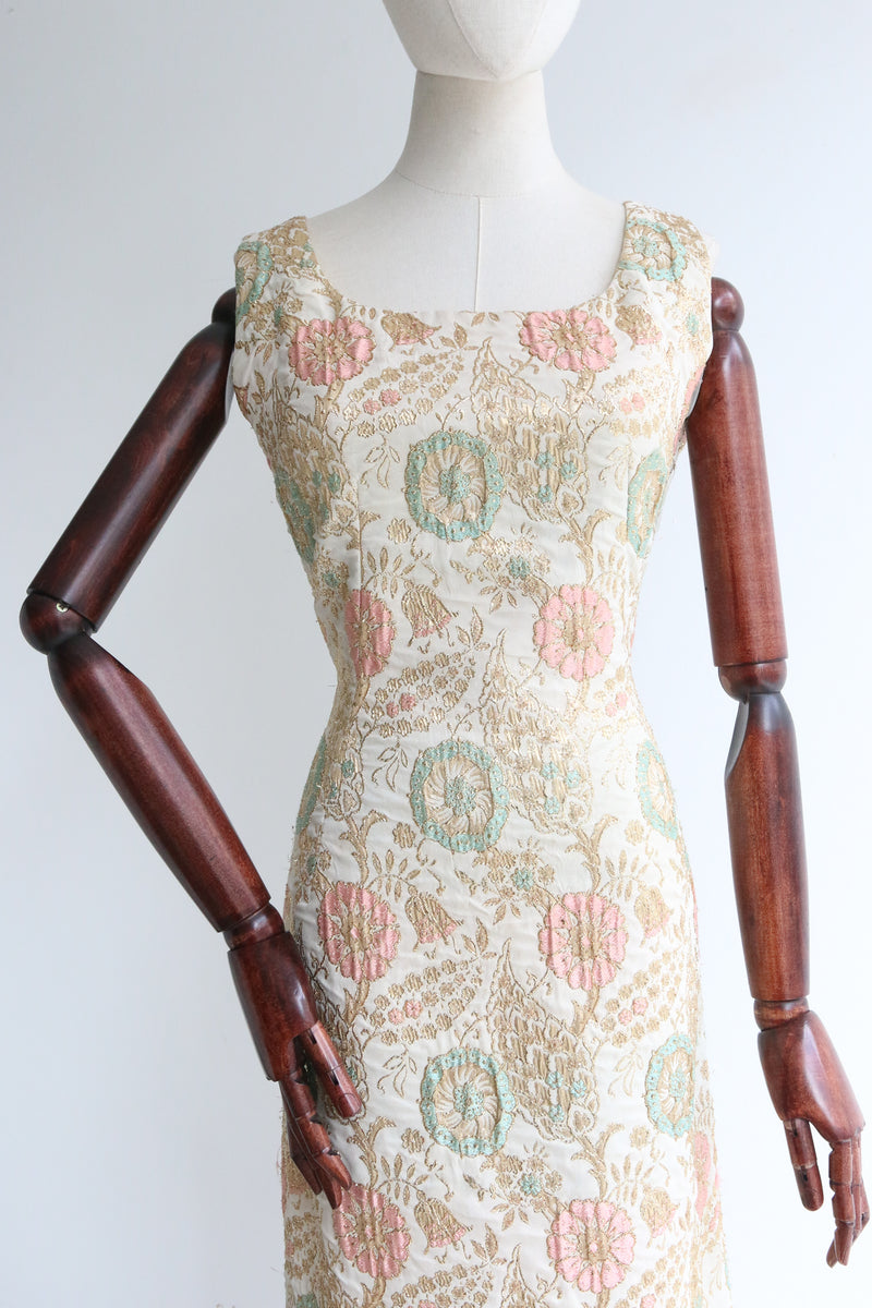 "Floral Matelassé" 1960's Eau De Nil & Pink Matelassé Lurex Dress UK 10-12 US 6-8