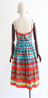 "Coral & Turquoise " Vintage 1950's Striped Coral & Turquoise Print Dress & Matching Shawl UK 10 US 6