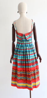 "Coral & Turquoise " Vintage 1950's Striped Coral & Turquoise Print Dress & Matching Shawl UK 10 US 6