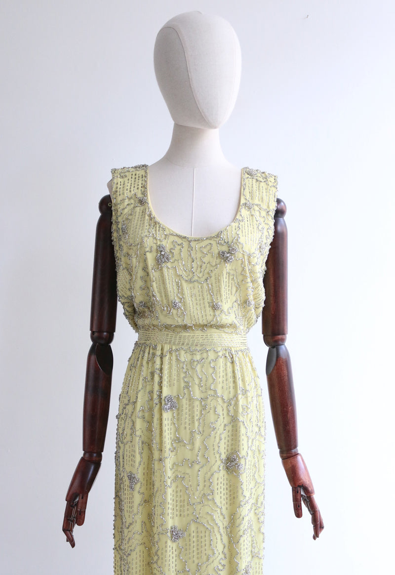 "Malcom Starr" Vintage 1960's Yellow & Silver Beaded Malcom Starr Evening Dress UK 10 US 6