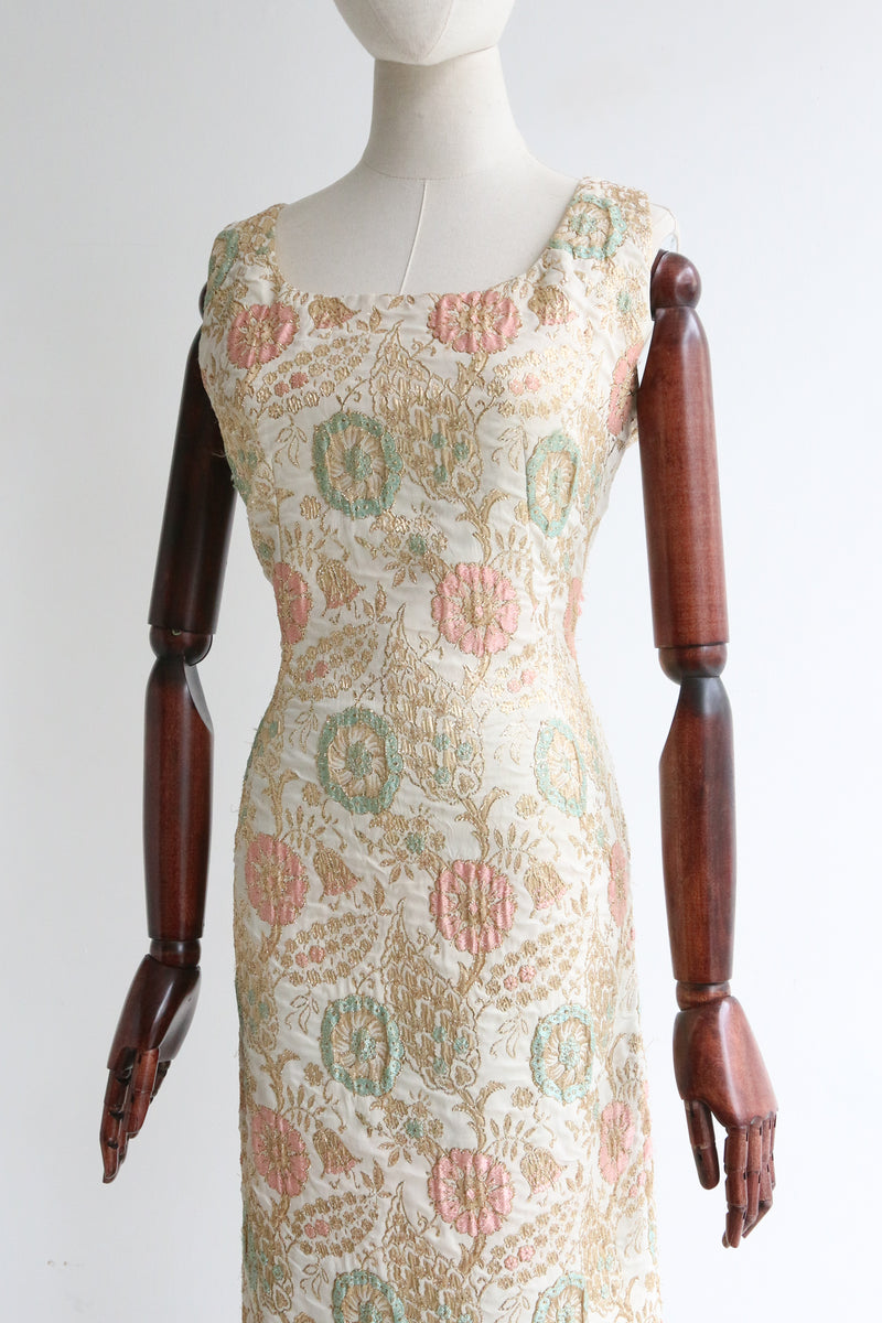 "Floral Matelassé" 1960's Eau De Nil & Pink Matelassé Lurex Dress UK 10-12 US 6-8
