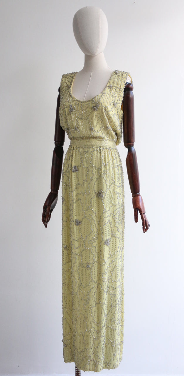 "Malcom Starr" Vintage 1960's Yellow & Silver Beaded Malcom Starr Evening Dress UK 10 US 6