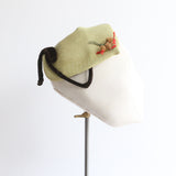 "Straw Pine Cones & Velvet" Vintage 1940's Sage Green Straw & Velvet Calot Hat