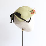 "Straw Pine Cones & Velvet" Vintage 1940's Sage Green Straw & Velvet Calot Hat