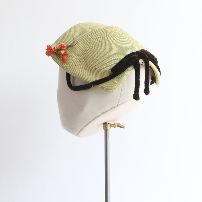 "Straw Pine Cones & Velvet" Vintage 1940's Sage Green Straw & Velvet Calot Hat