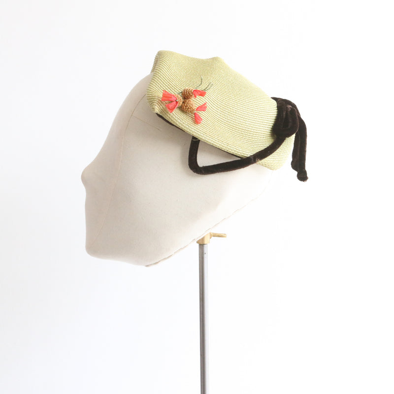 "Straw Pine Cones & Velvet" Vintage 1940's Sage Green Straw & Velvet Calot Hat
