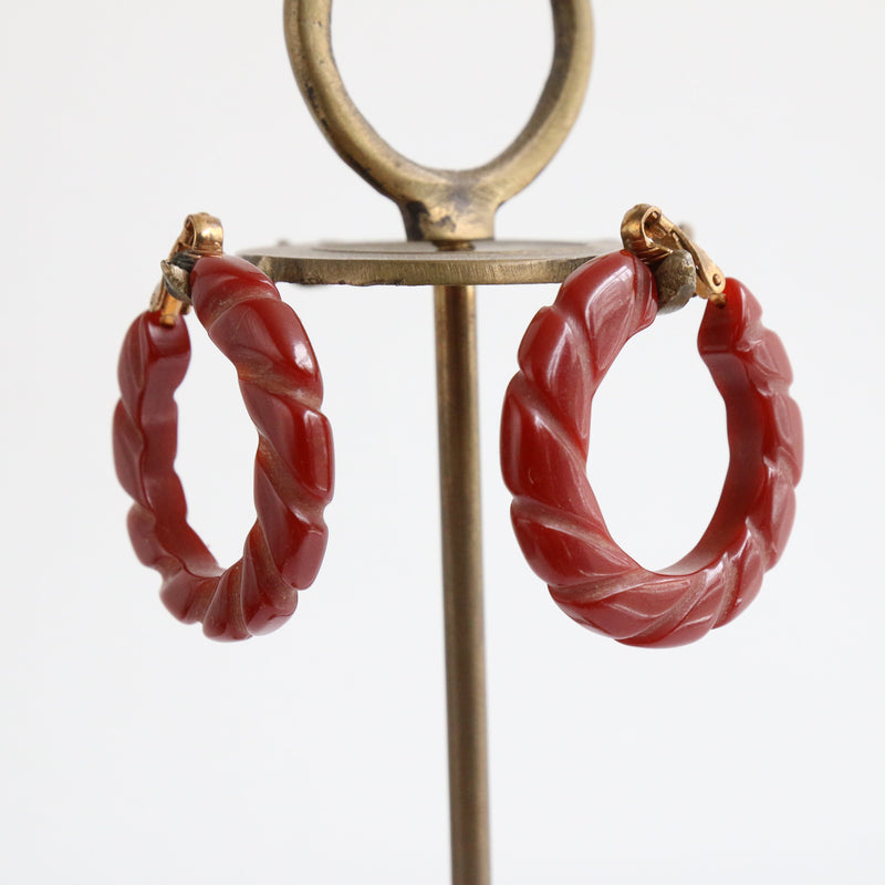 "Carved Bakelite" Vintage 1940's Red Bakelite Hoops