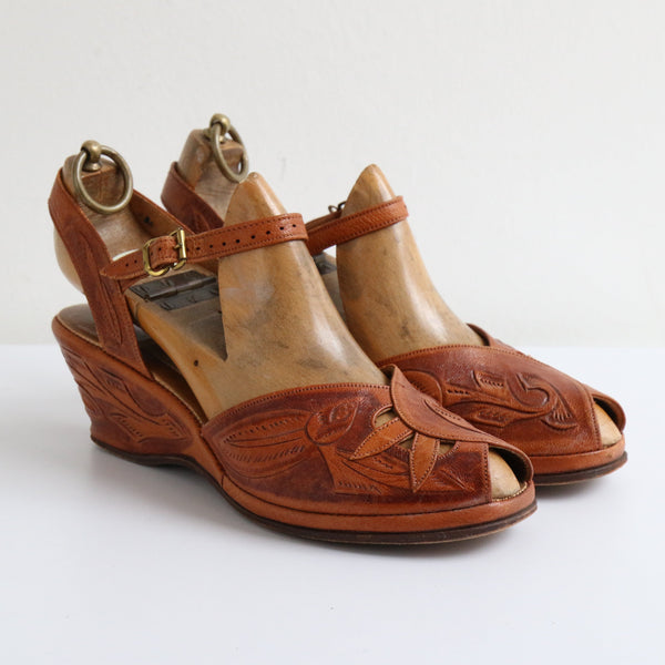 "Floral Peep Toes" Vintage 1940's Leather Sandals UK 4 EU 37 US 6