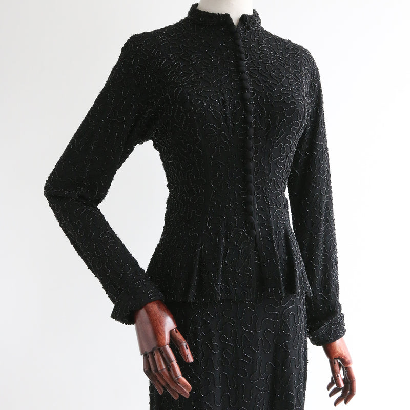 "Divine Beadwork" Vintage 1940's Crepe Silk Beaded Suit UK 10 US 6