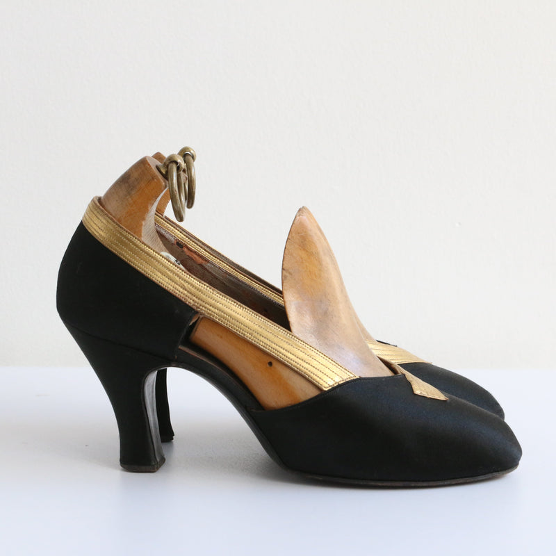 "Satin & Gold Leather" Vintage 1930's Black Satin & Gold Heels UK 4 EU 37 US 6