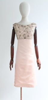 "Pink Silk & Silver Paisley" Vintage 1960's Pink Silk Malcolm Starr Beaded Dress UK 12 US 8