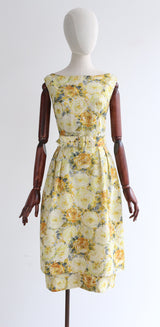 "Yellow Roses" Vintage 1950's Yellow & Grey Rose Print Tiered Dress UK 8-10 US 4-6