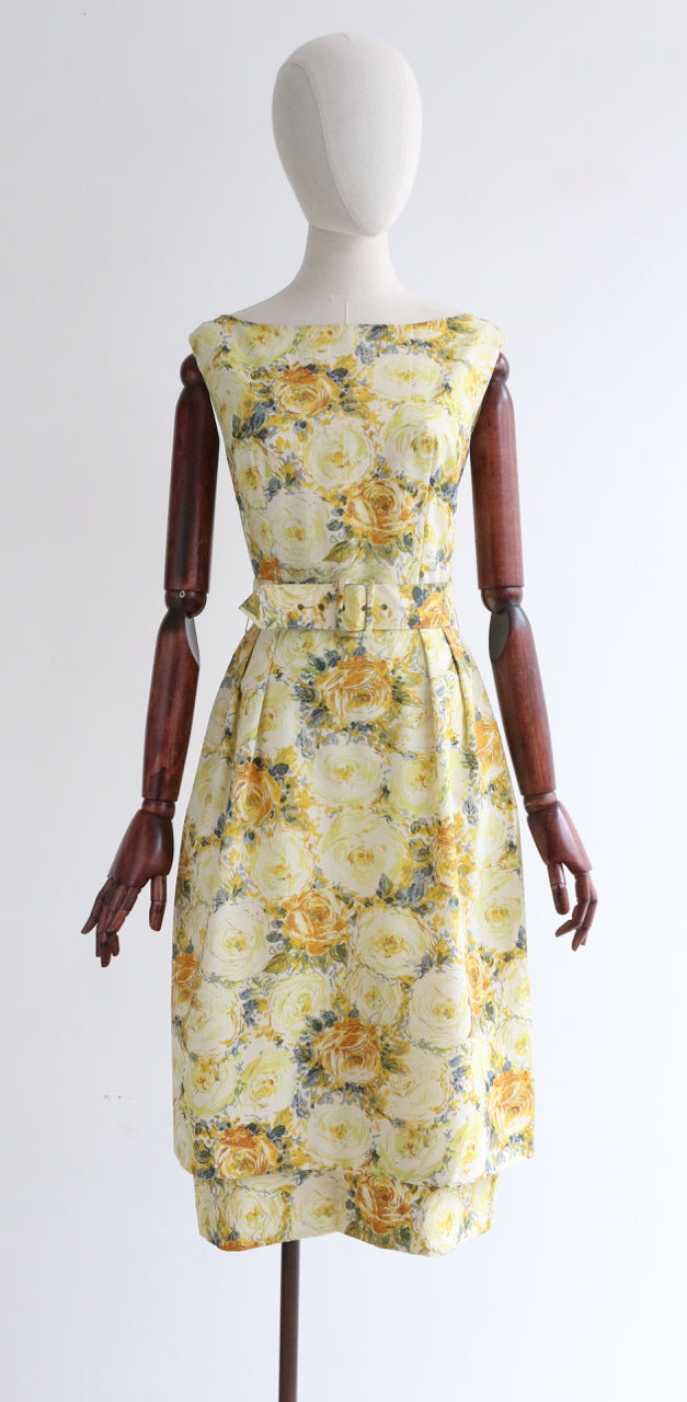 "Yellow Roses" Vintage 1950's Yellow & Grey Rose Print Tiered Dress UK 8-10 US 4-6