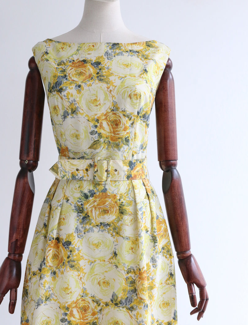 "Yellow Roses" Vintage 1950's Yellow & Grey Rose Print Tiered Dress UK 8-10 US 4-6