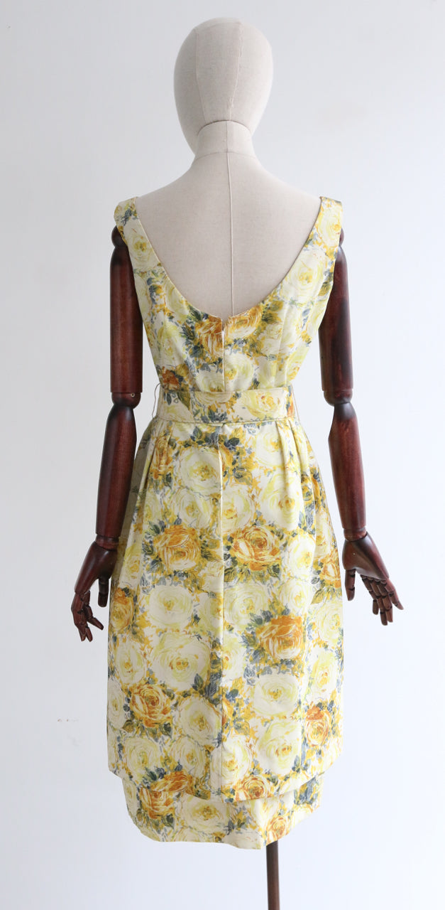"Yellow Roses" Vintage 1950's Yellow & Grey Rose Print Tiered Dress UK 8-10 US 4-6
