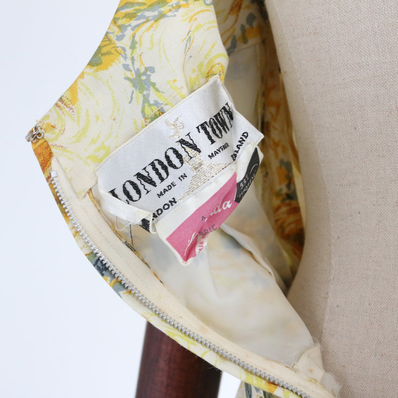 "Yellow Roses" Vintage 1950's Yellow & Grey Rose Print Tiered Dress UK 8-10 US 4-6
