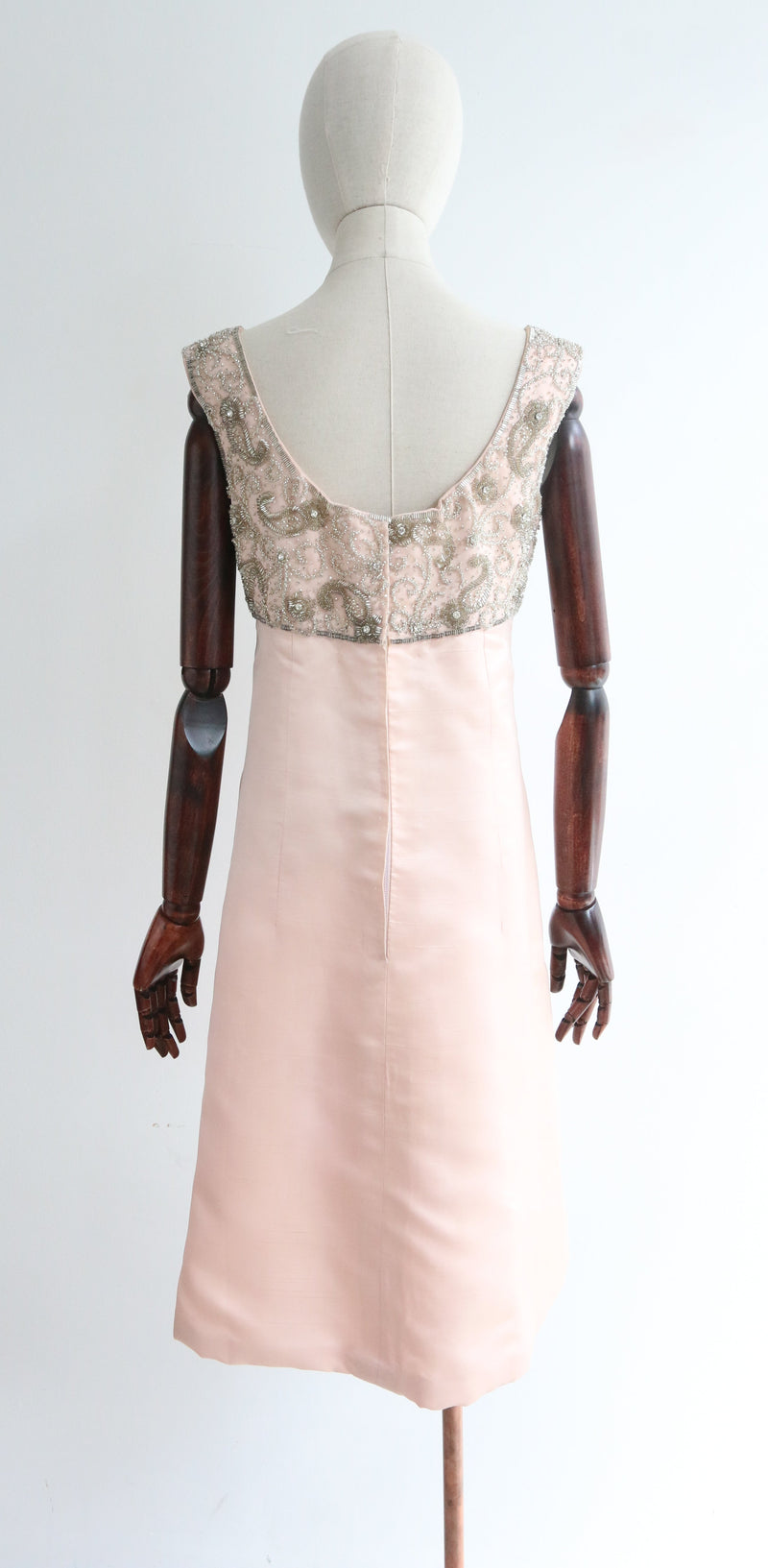 "Pink Silk & Silver Paisley" Vintage 1960's Pink Silk Malcolm Starr Beaded Dress UK 12 US 8