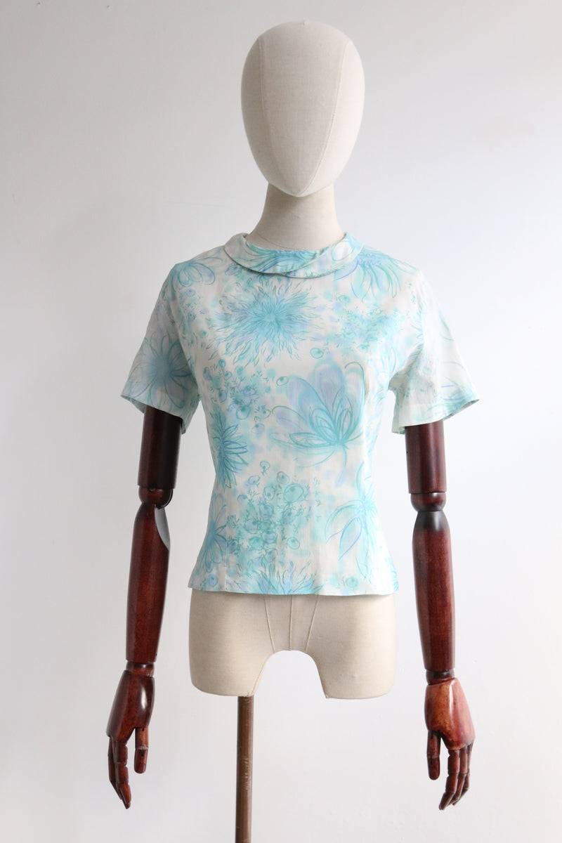 "Watercolour Silk Floral" Vintage 1950's Silk Floral Blouse UK 12 US 8