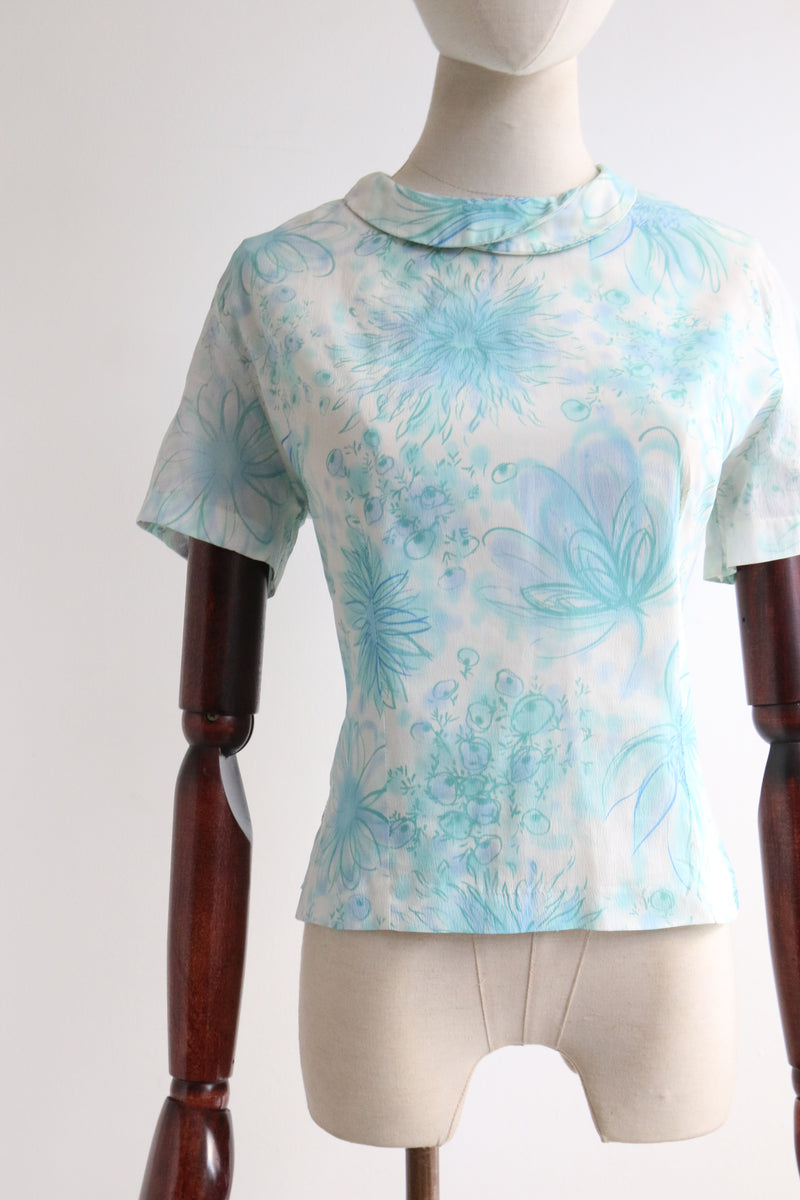 "Watercolour Silk Floral" Vintage 1950's Silk Floral Blouse UK 12 US 8